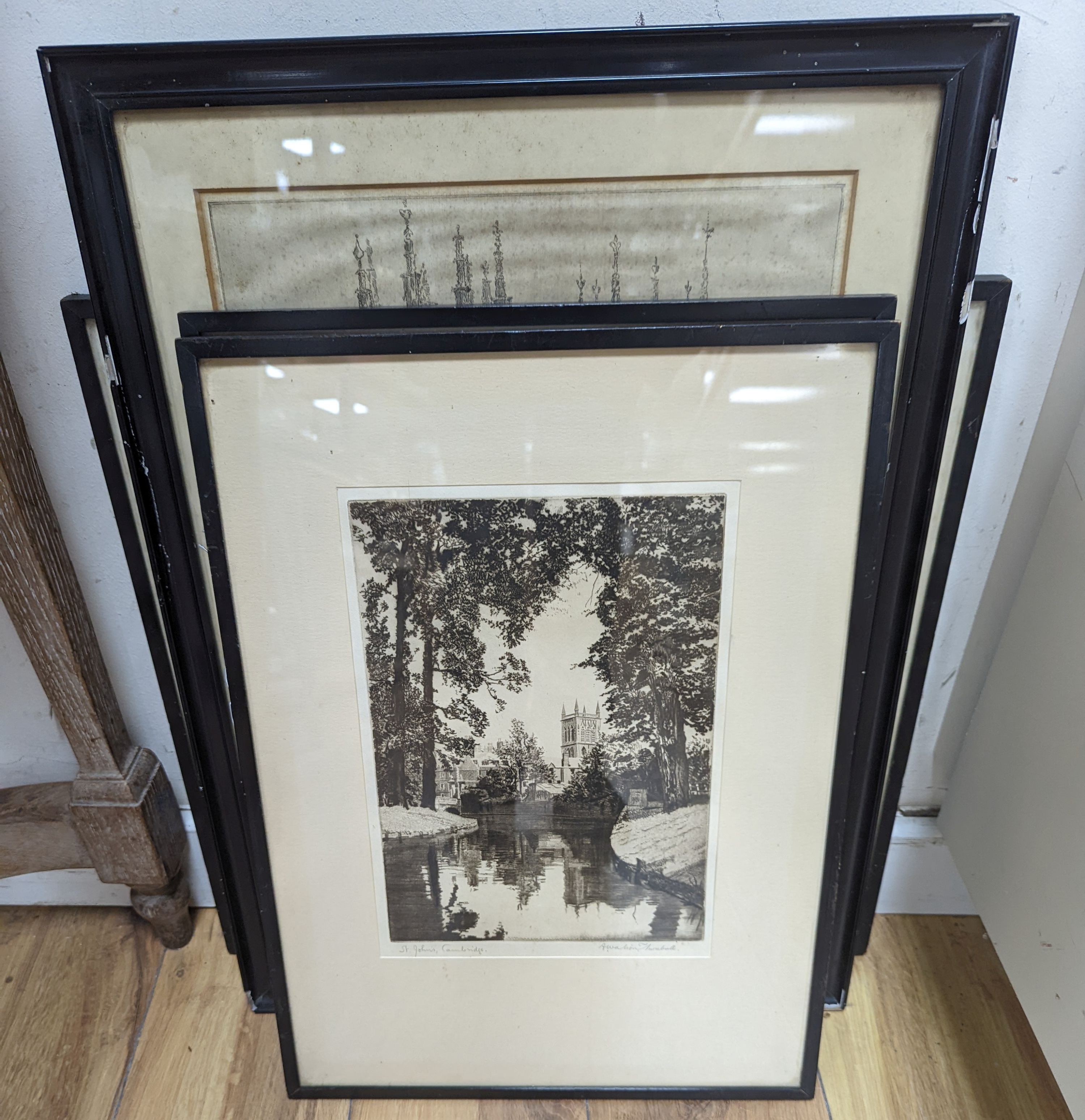 A group of four assorted etchings with Views of Cambridge, Gloucester and other cathedral towns, largest 46 x 31cm